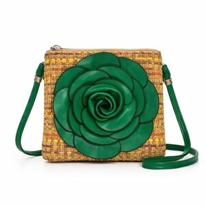 Woven Straw Crossbody Bag Faux Leather Green Applique Boho Cottagecore Resort